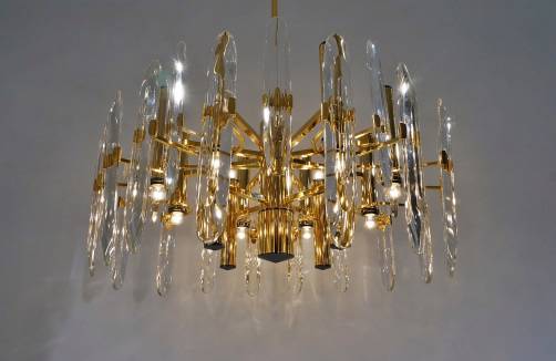 Sciolari brass & crystal chandelier ,12 lights ,1970`s ca, Italian